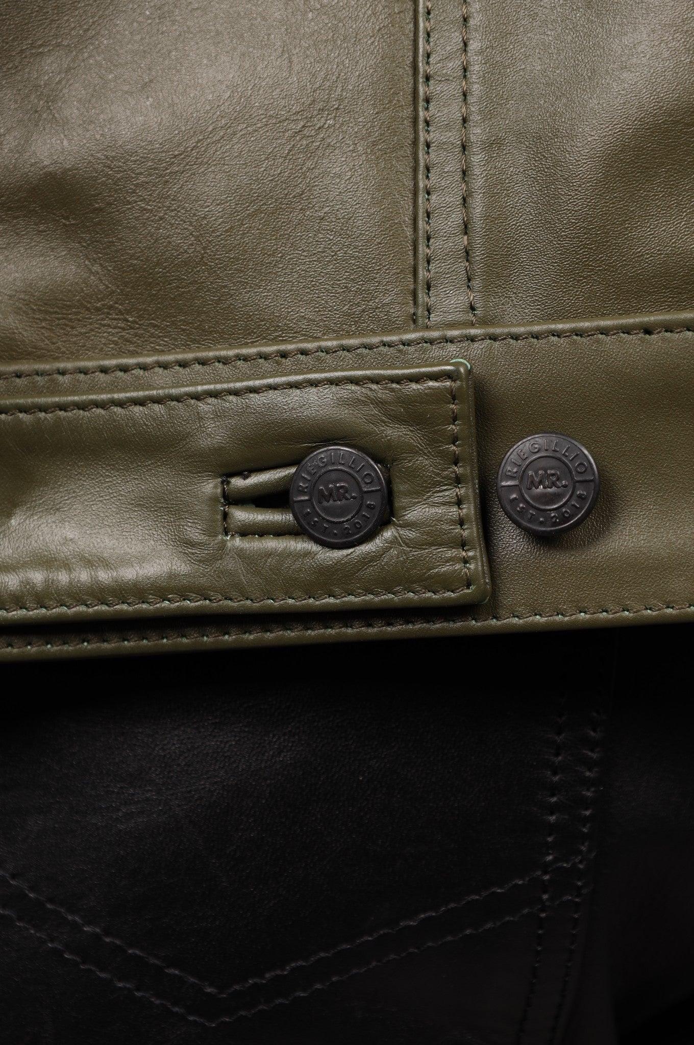 Army Green Leather Trucker Jacket at MR. Riegillio