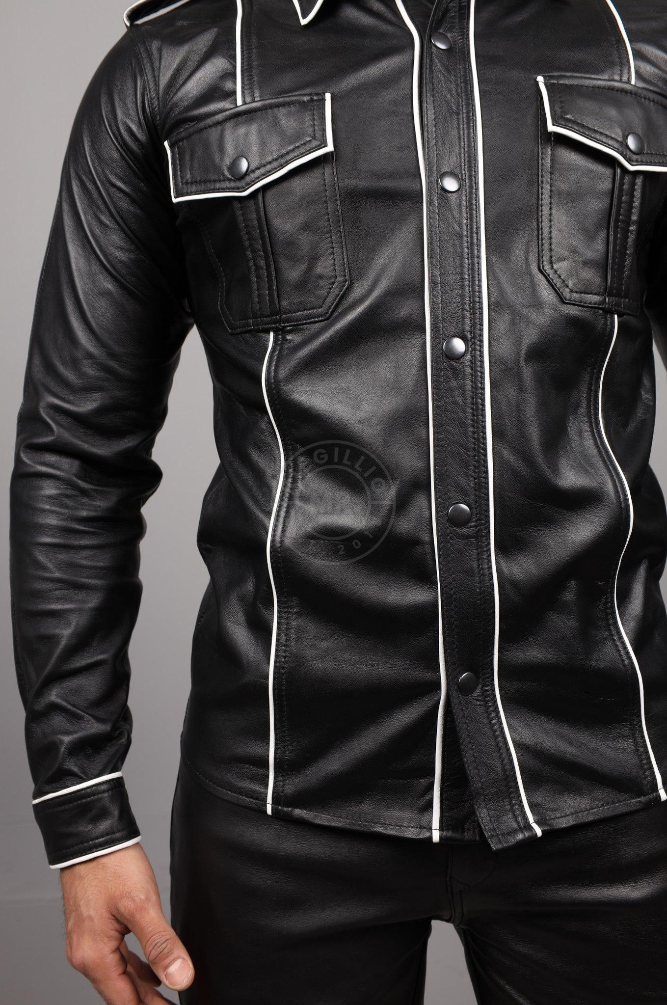 Black Leather Shirt Long Sleeves - White Piping at MR. Riegillio