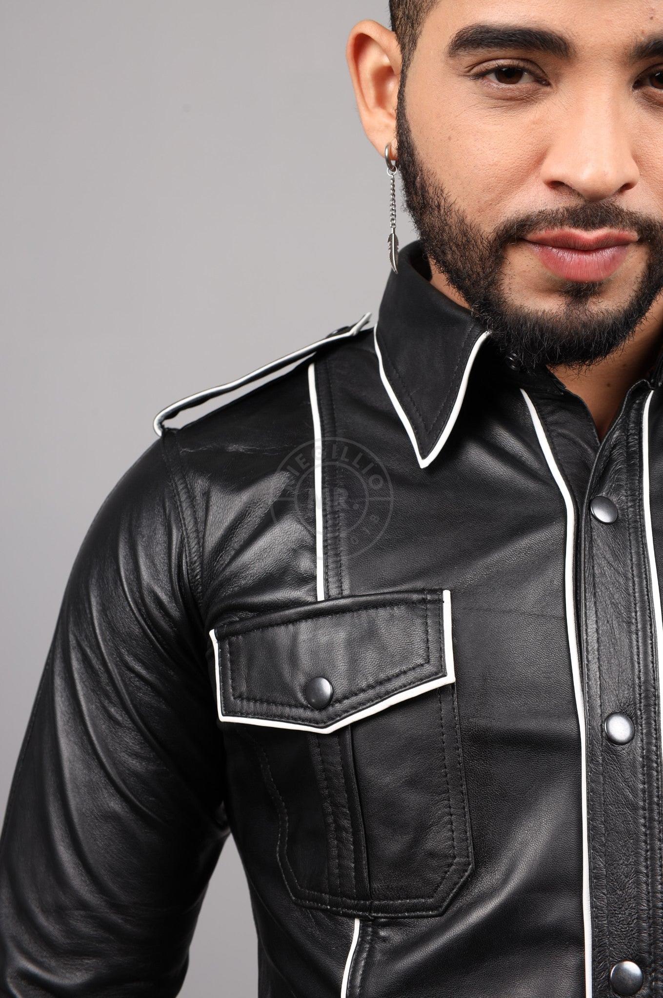 Black Leather Shirt Long Sleeves - White Piping at MR. Riegillio
