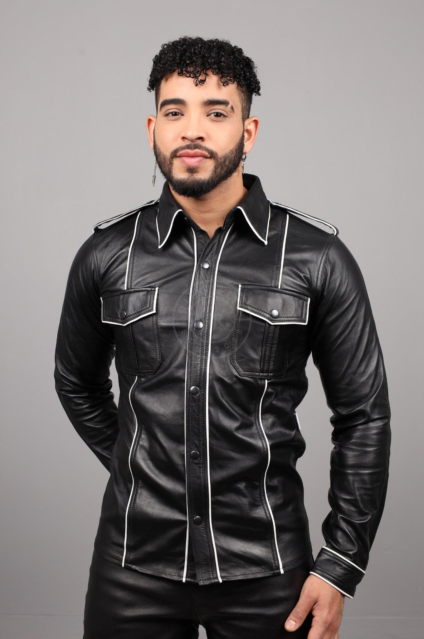 Black Leather Shirt Long Sleeves - White Piping at MR. Riegillio