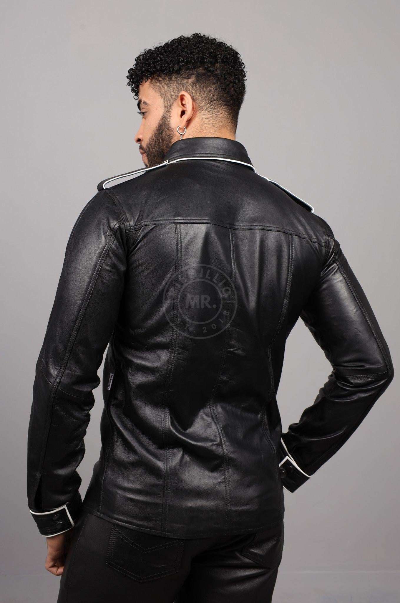 Black Leather Shirt Long Sleeves - White Piping at MR. Riegillio