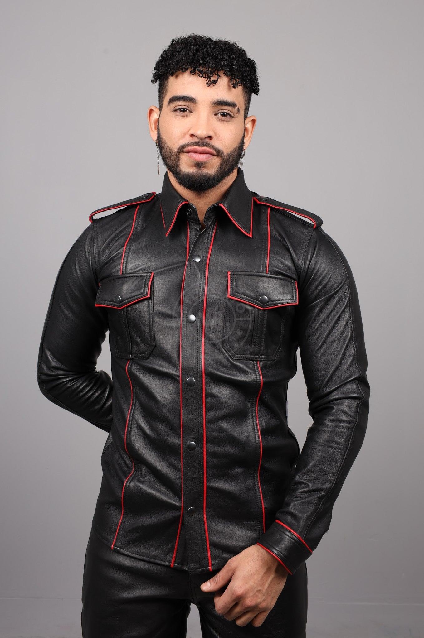 Black Leather Shirt Long Sleeves - Red Piping at MR. Riegillio