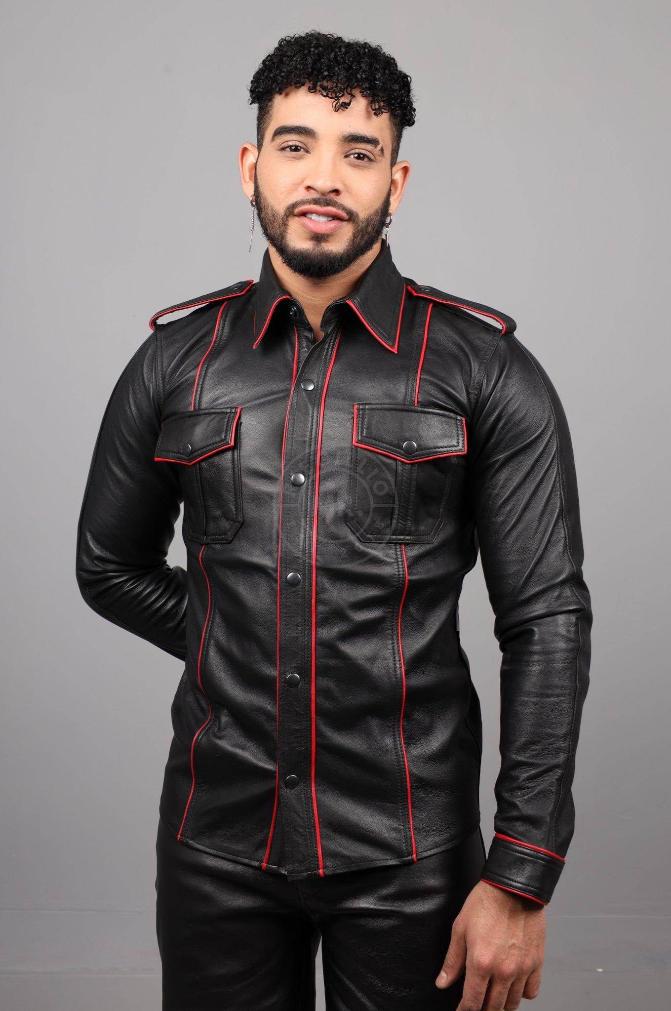 Black Leather Shirt Long Sleeves - Red Piping at MR. Riegillio