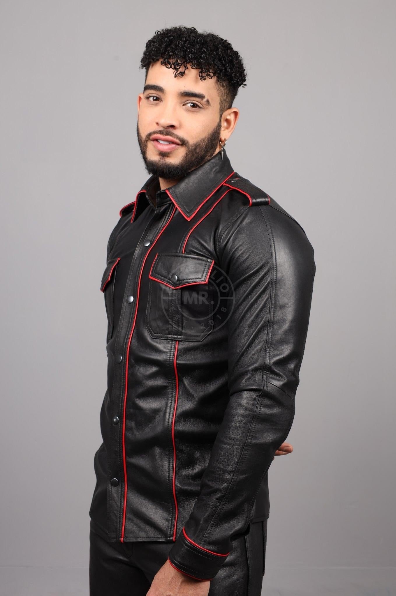 Black Leather Shirt Long Sleeves - Red Piping at MR. Riegillio