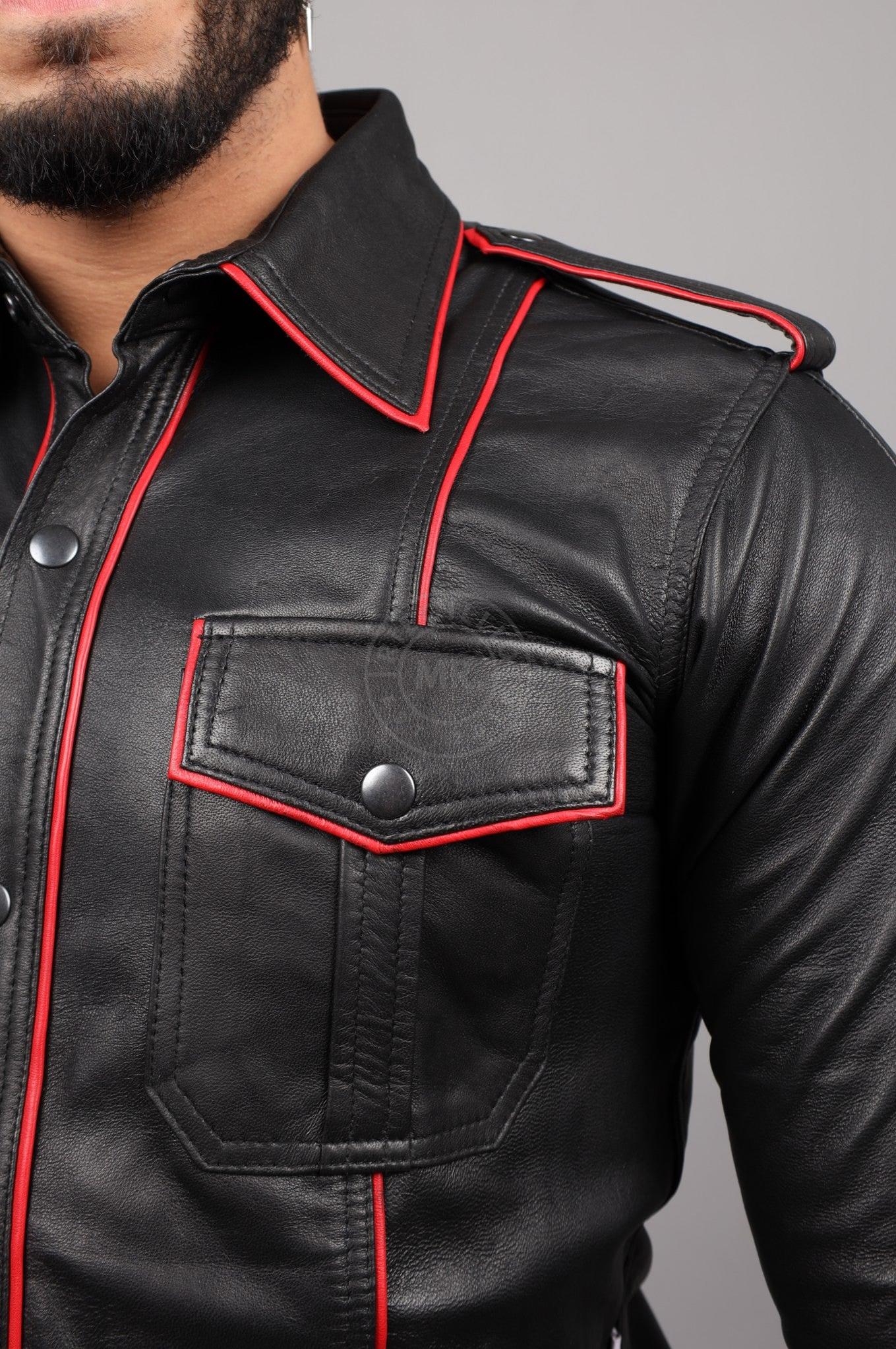 Black Leather Shirt Long Sleeves - Red Piping at MR. Riegillio