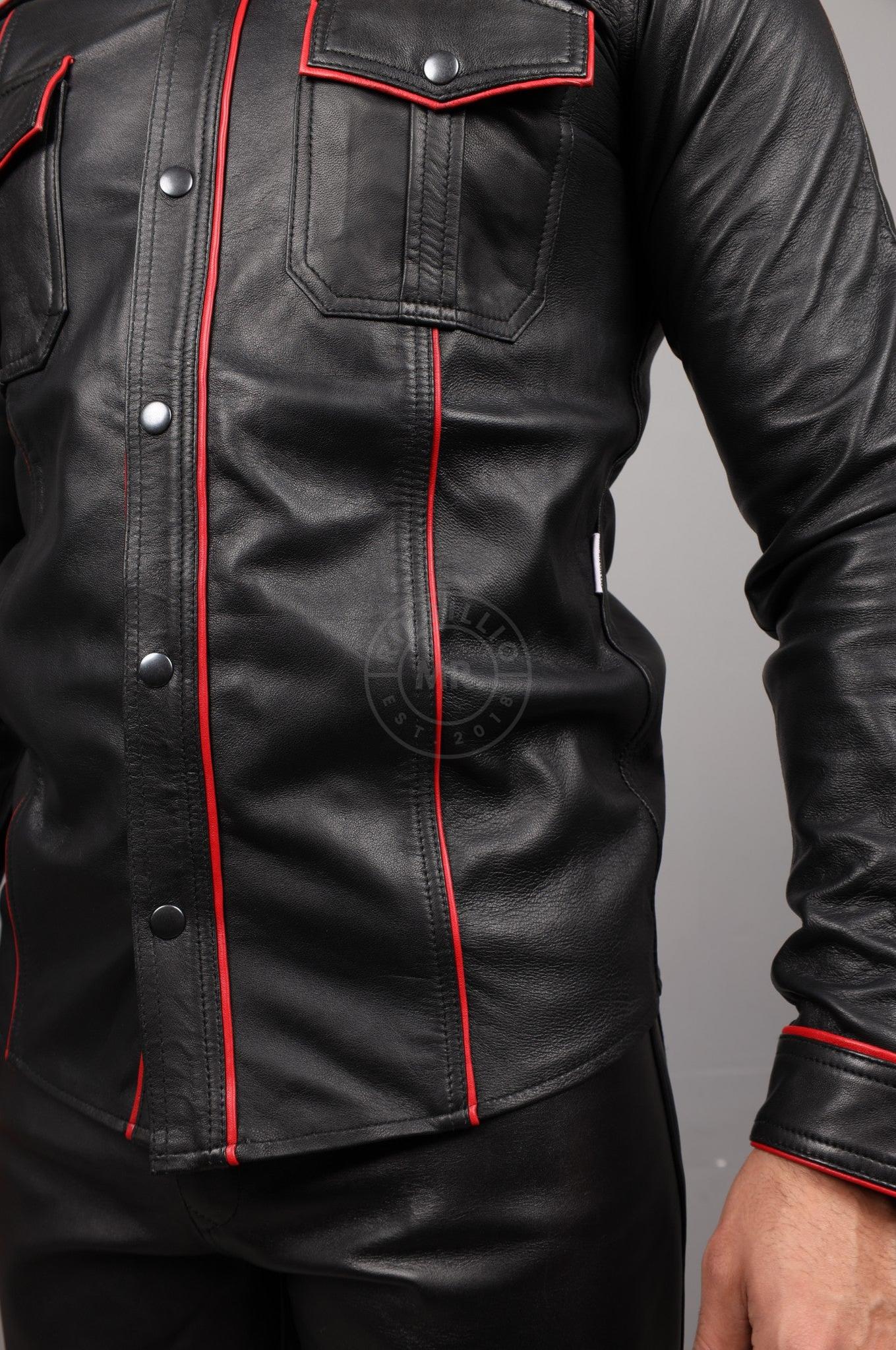Black Leather Shirt Long Sleeves - Red Piping at MR. Riegillio