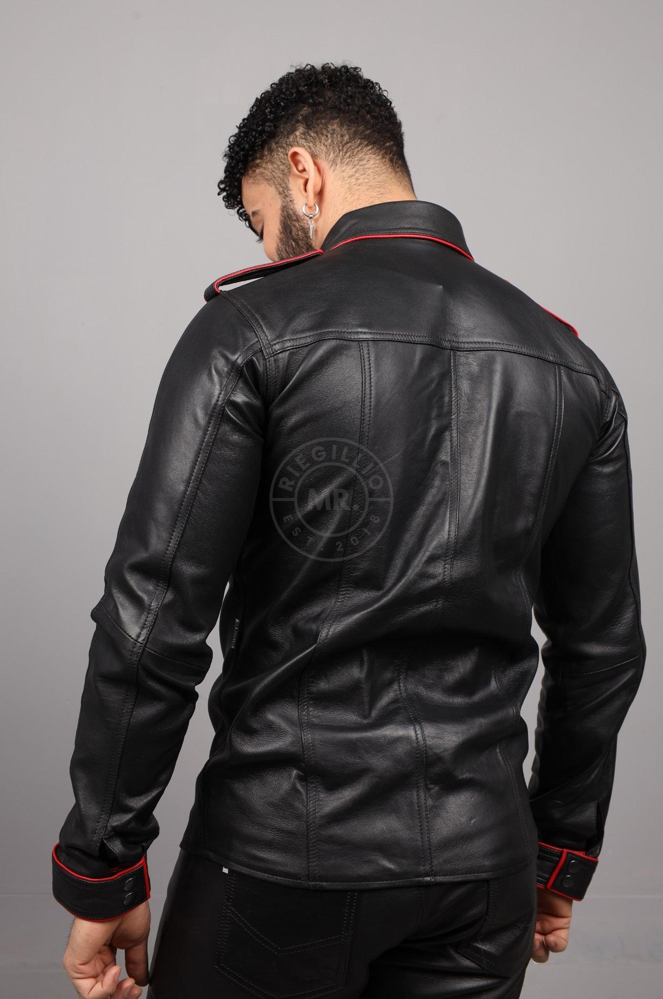 Black Leather Shirt Long Sleeves - Red Piping at MR. Riegillio