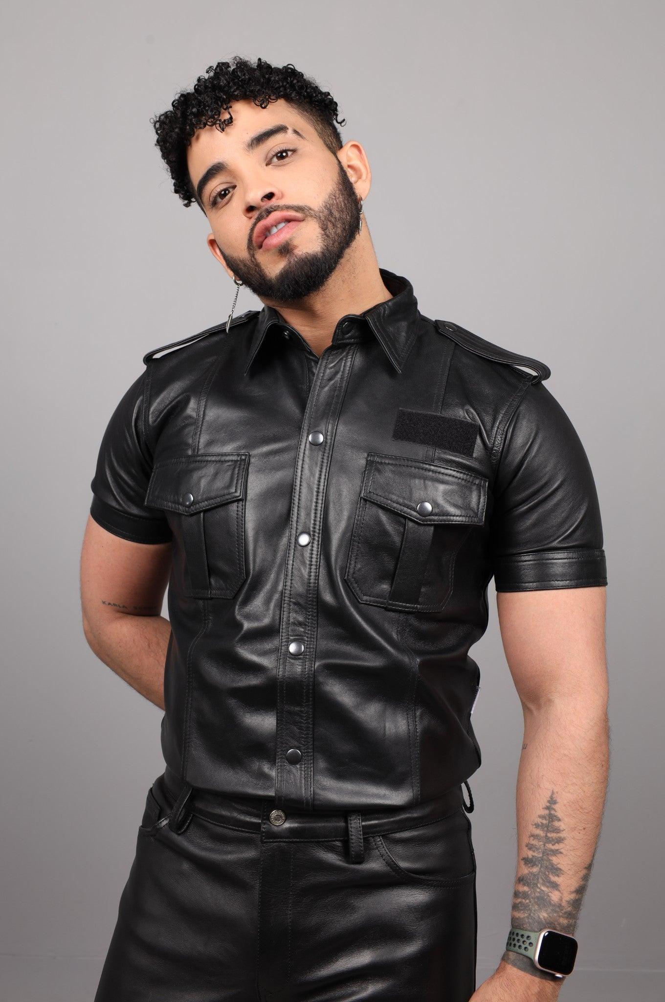 Black Leather Shirt - Velcro Patch 2.0 at MR. Riegillio