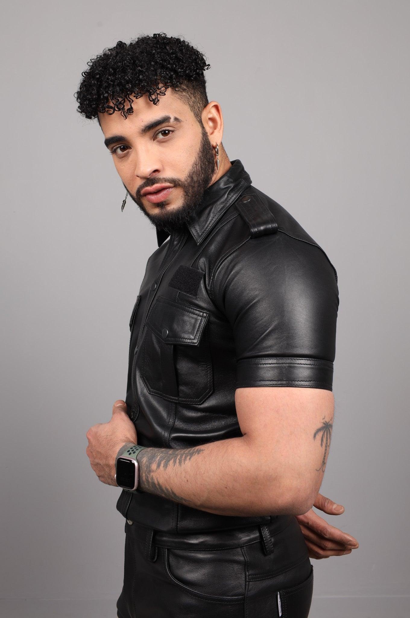 Black Leather Shirt - Velcro Patch 2.0 at MR. Riegillio