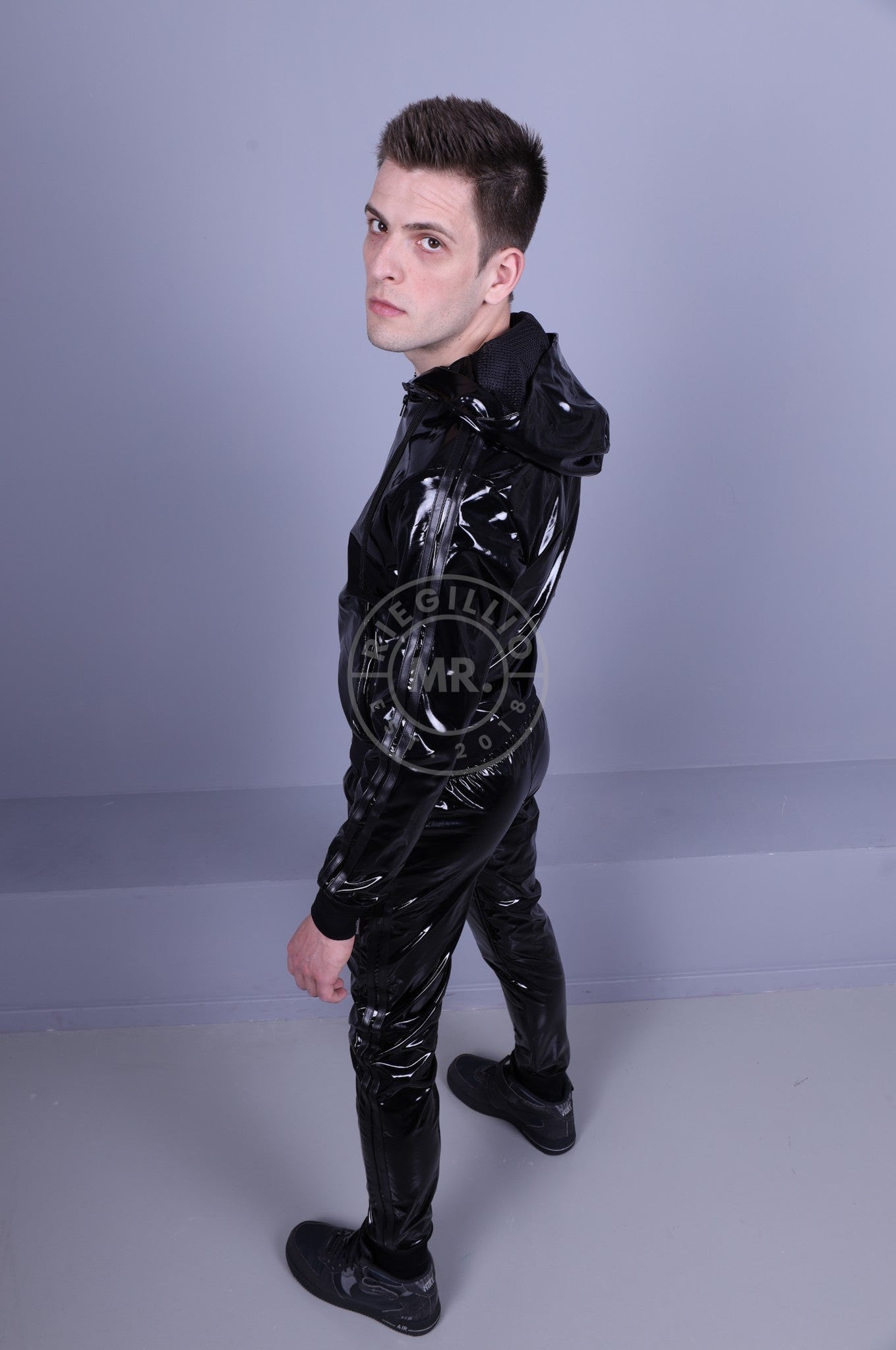 Full Black PVC Tracksuit Pants at MR. Riegillio