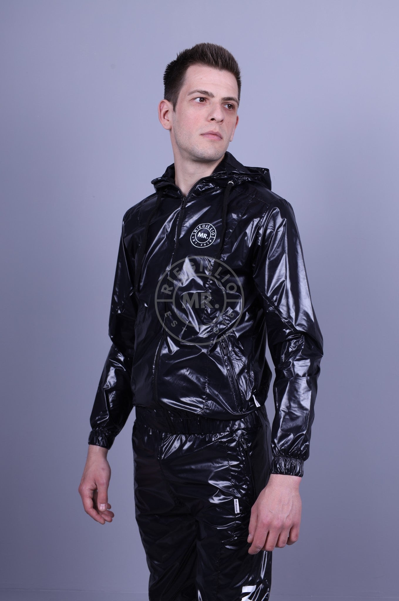 Shiny Nylon Tracksuit Jacket - Black-at MR. Riegillio