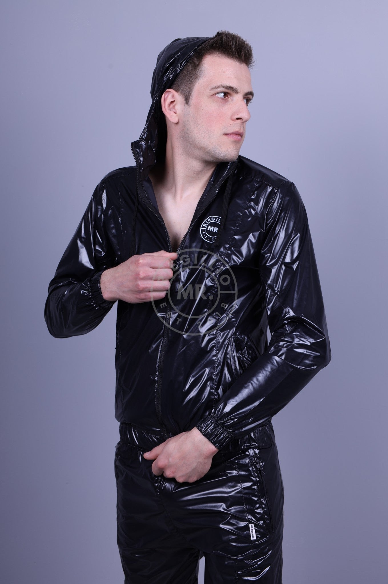 Shiny Nylon Tracksuit Jacket - Black at MR. Riegillio