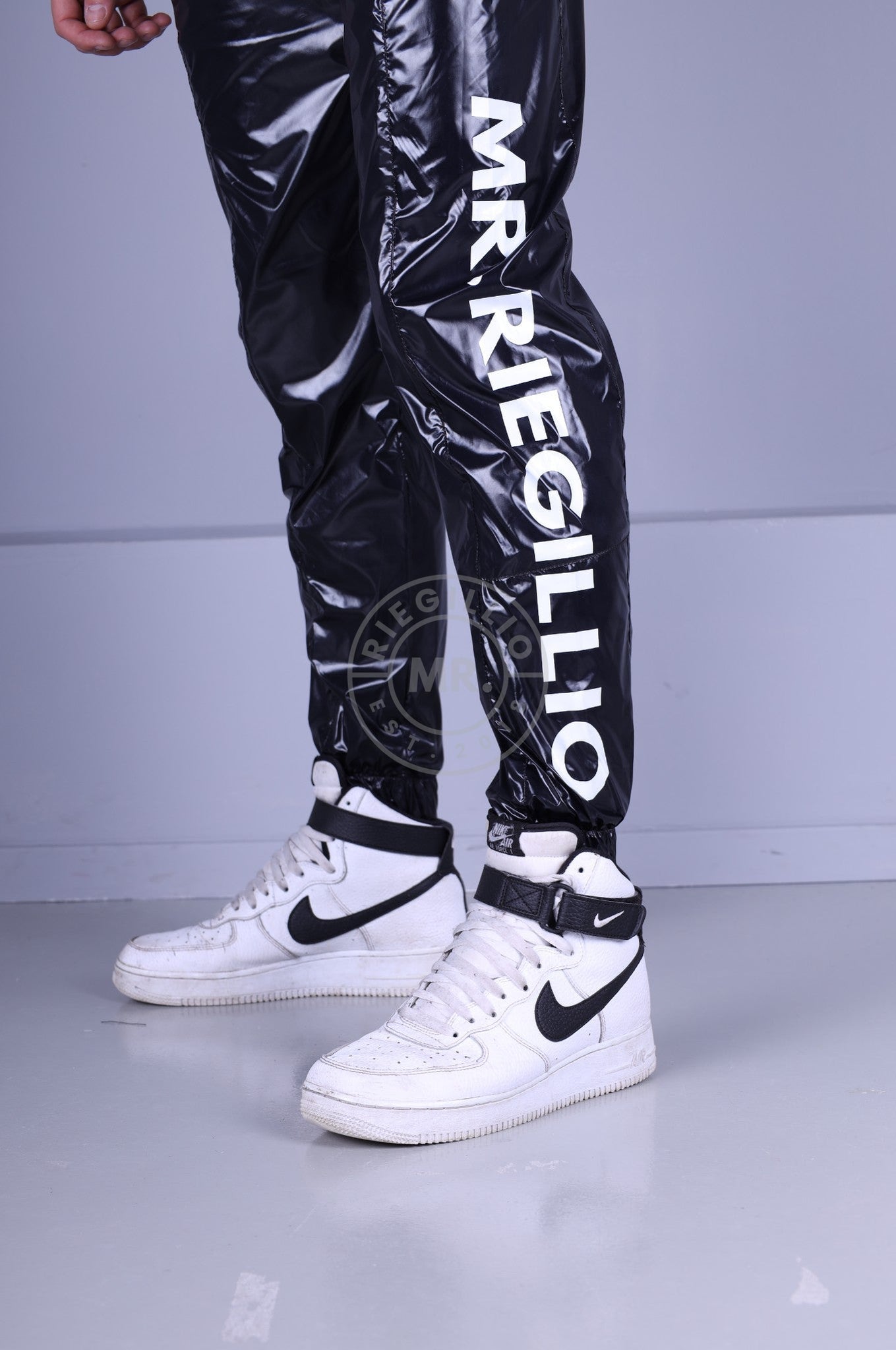 Shiny Nylon Tracksuit Pants - Black at MR. Riegillio
