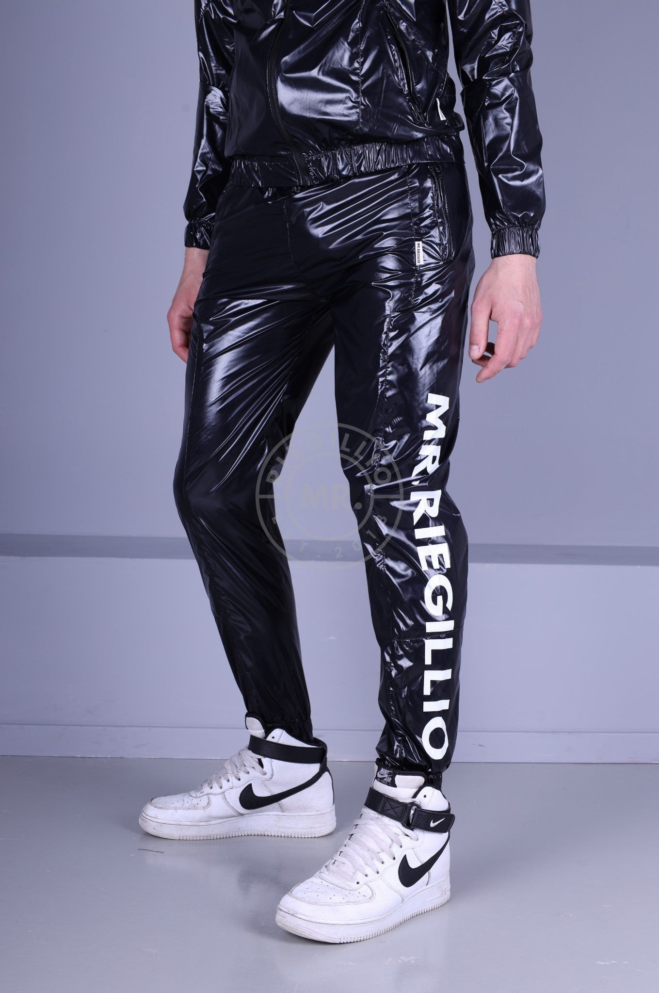 Shiny Nylon Tracksuit Pants - Black-at MR. Riegillio