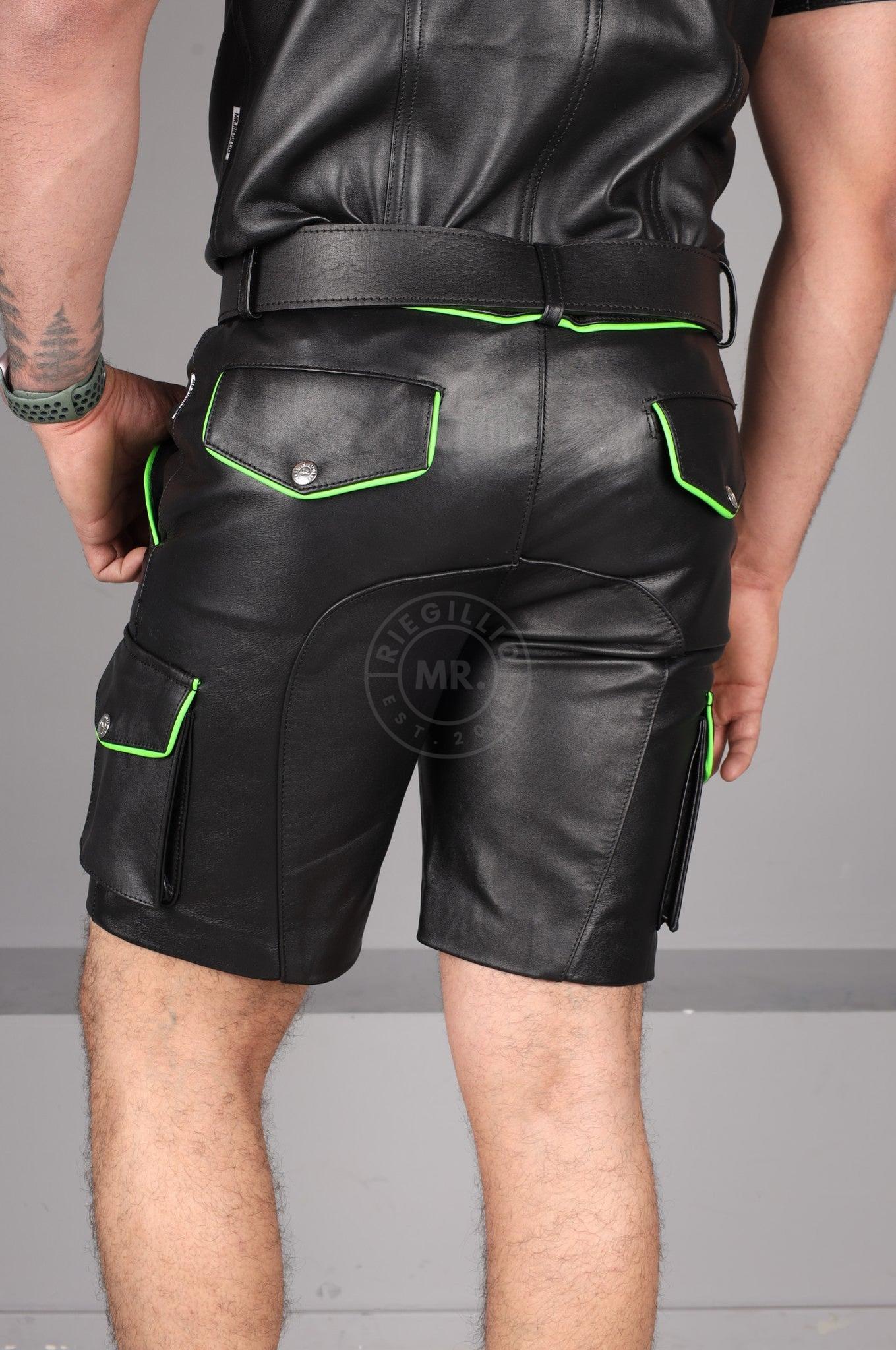 Black Leather Cargo Short - Neon Green Piping at MR. Riegillio