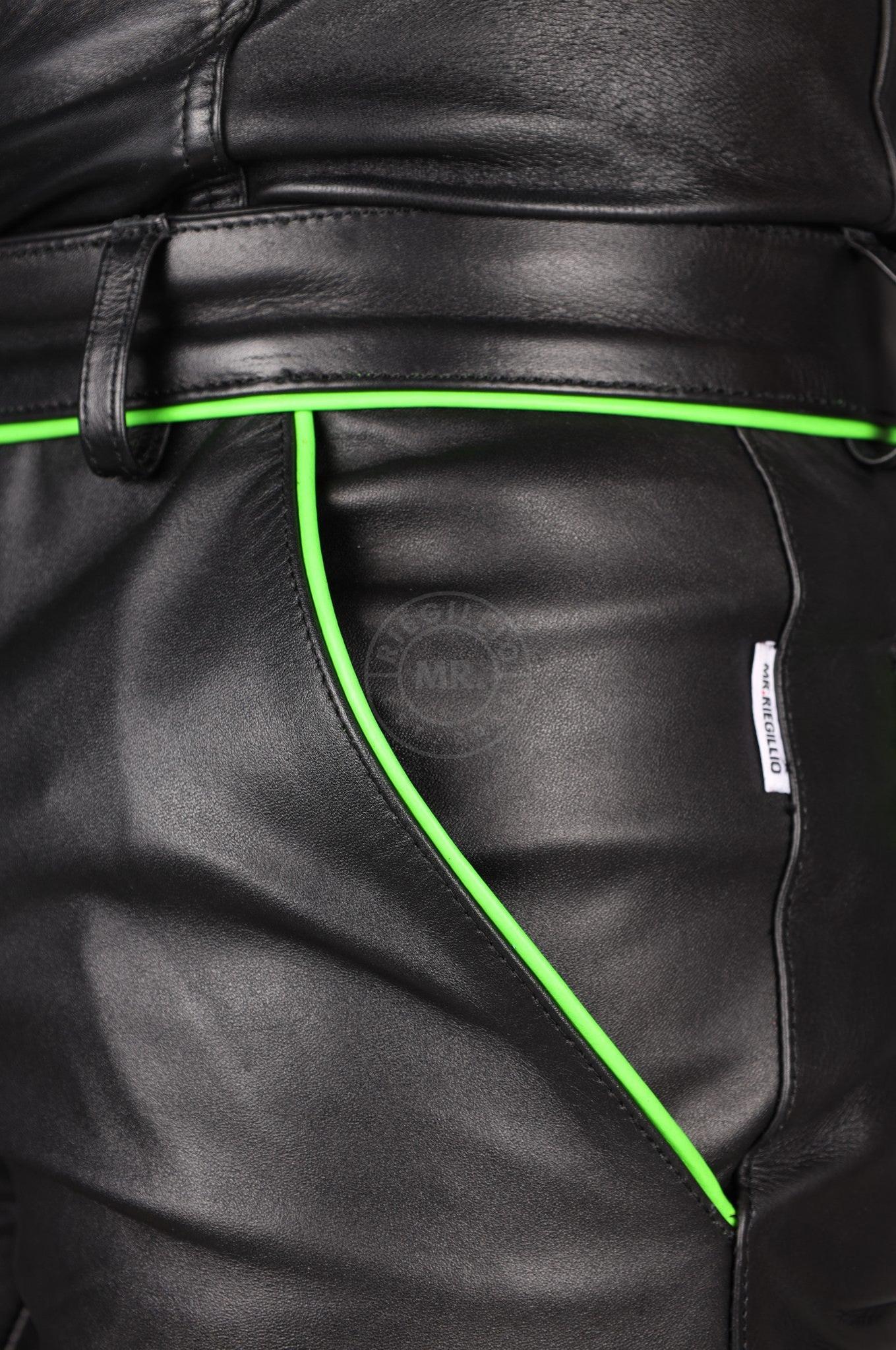 Black Leather Cargo Short - Neon Green Piping at MR. Riegillio