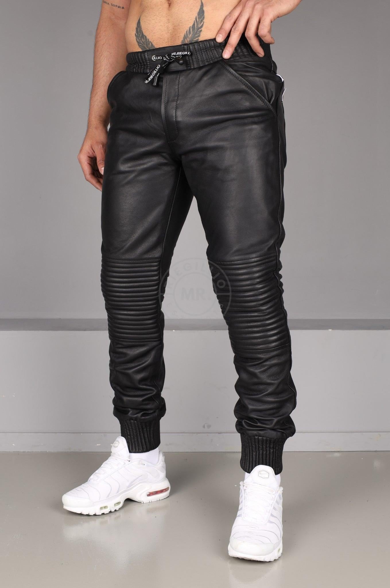 Black Leather Tracker Jogger at MR. Riegillio