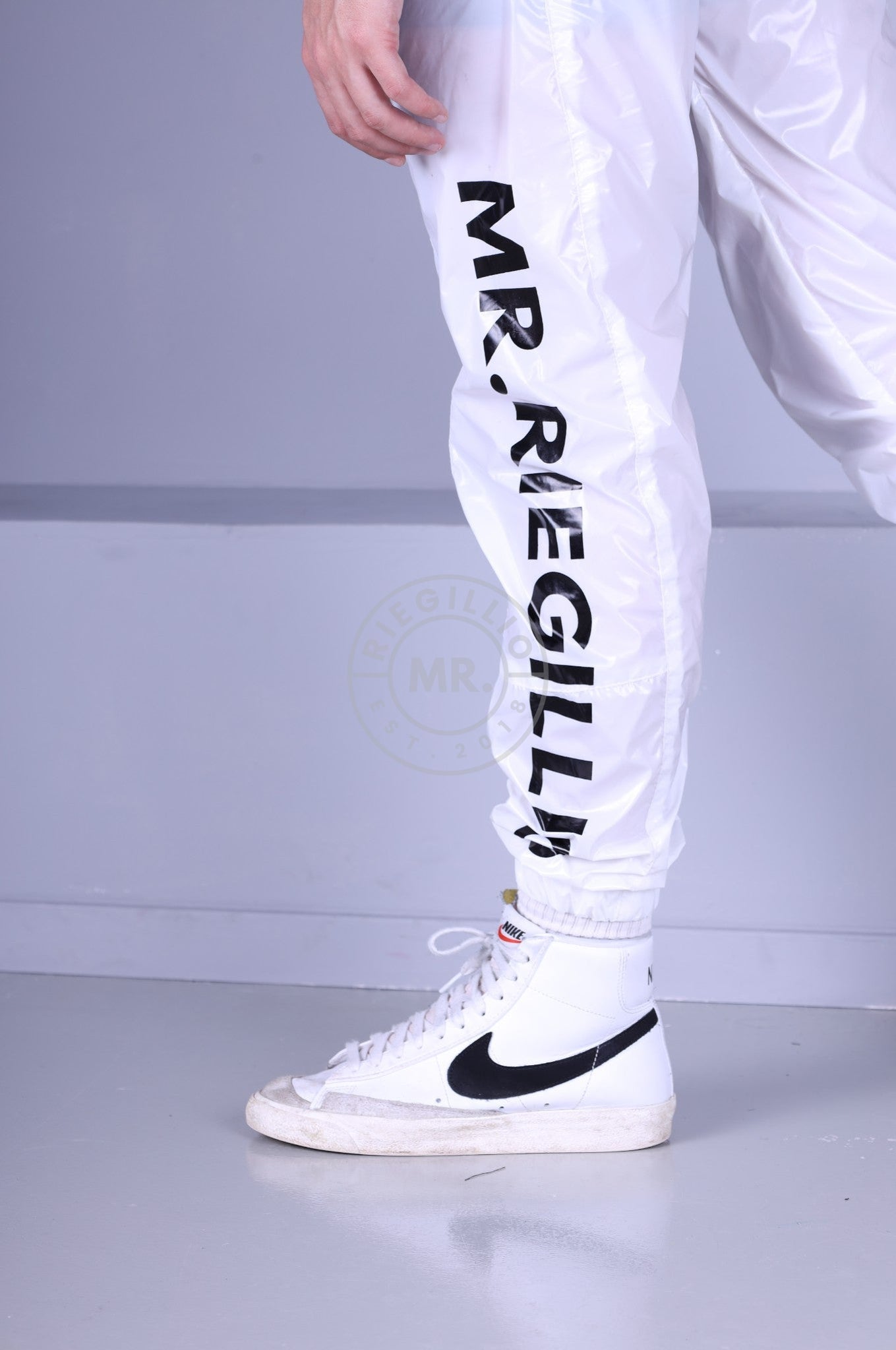 Shiny Nylon Tracksuit Pants - White at MR. Riegillio