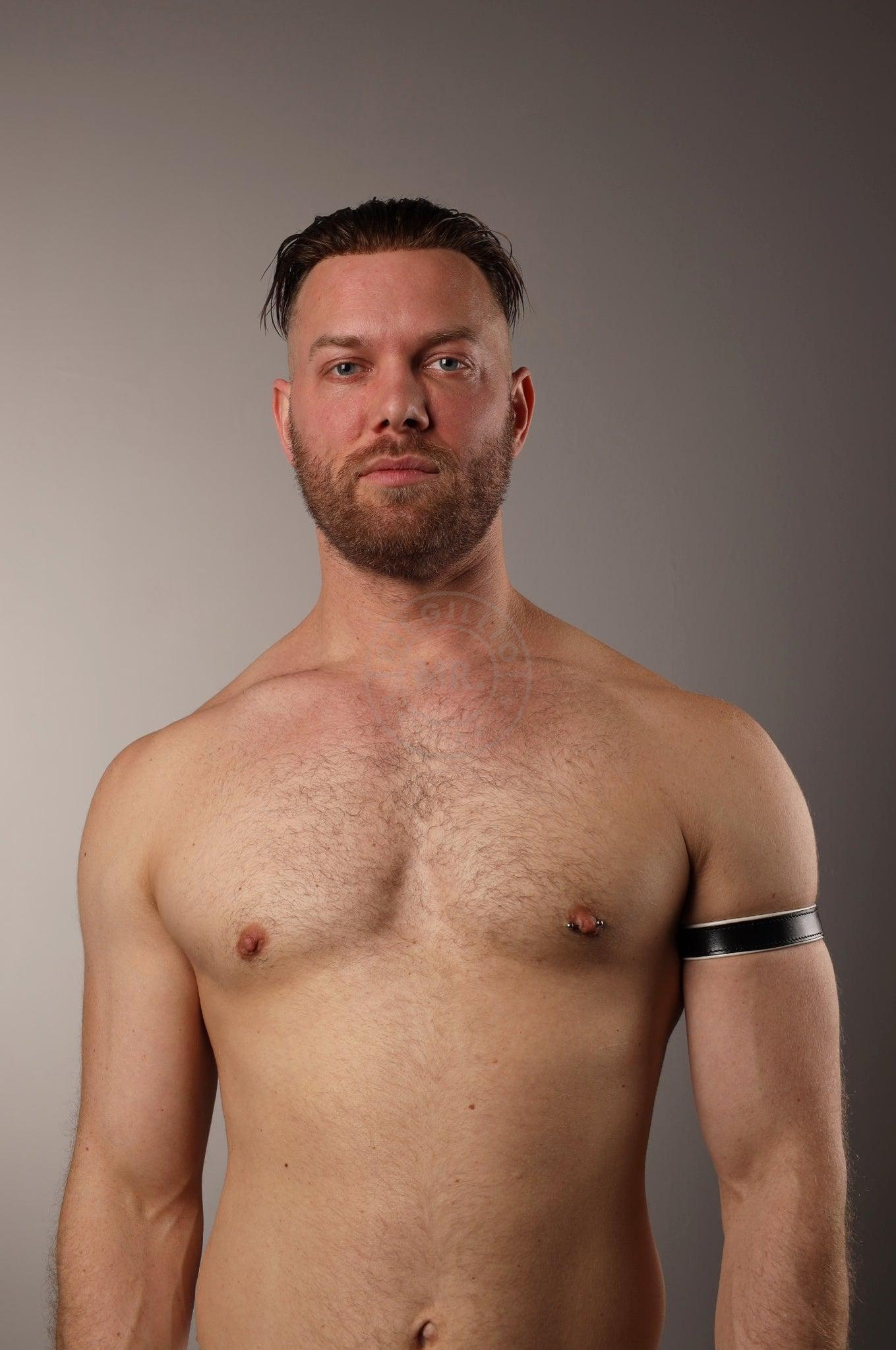 Black Leather Bicep Armband - Snap - White at MR. Riegillio