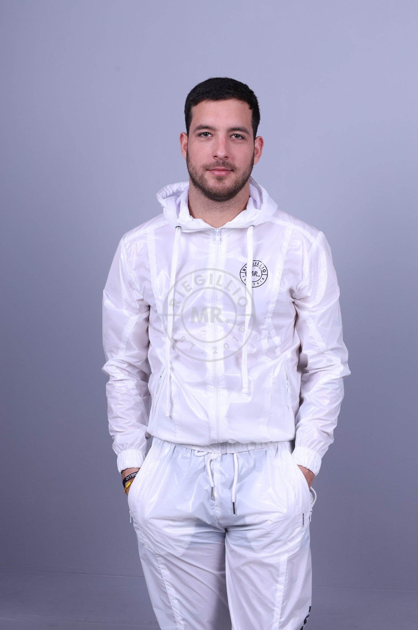 Shiny Nylon Tracksuit Jacket White by MR. Riegillio