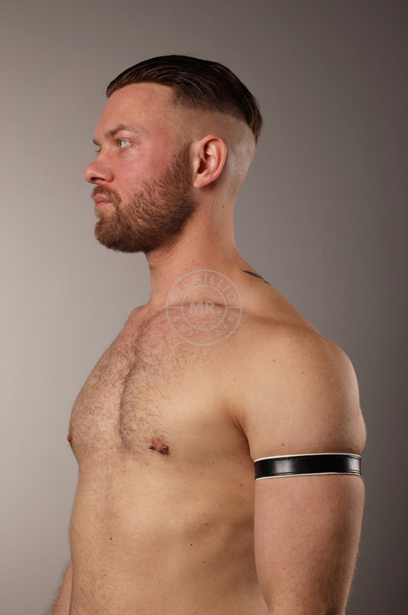Black Leather Bicep Armband - Snap - White at MR. Riegillio