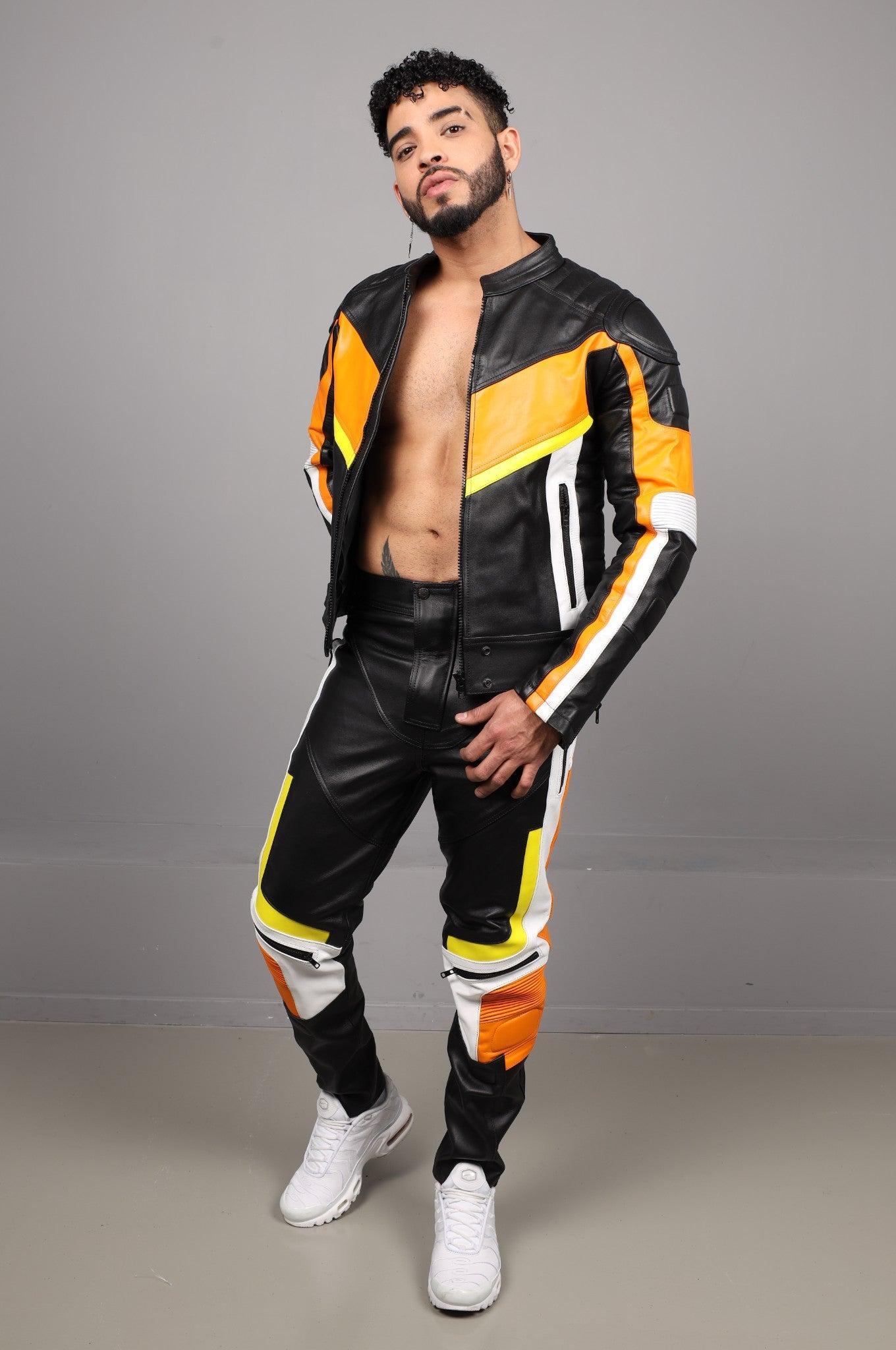 Leather Motorcycle Pants - Multi - Orange at MR. Riegillio