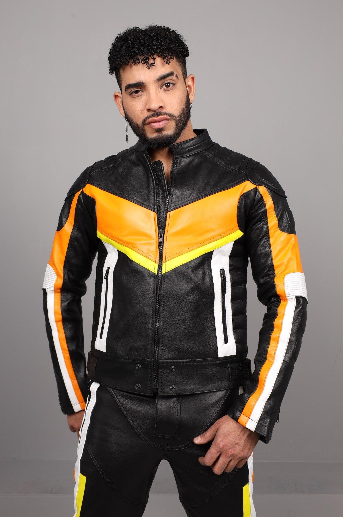 Leather Motorcycle Jacket - Multi - Orange at MR. Riegillio