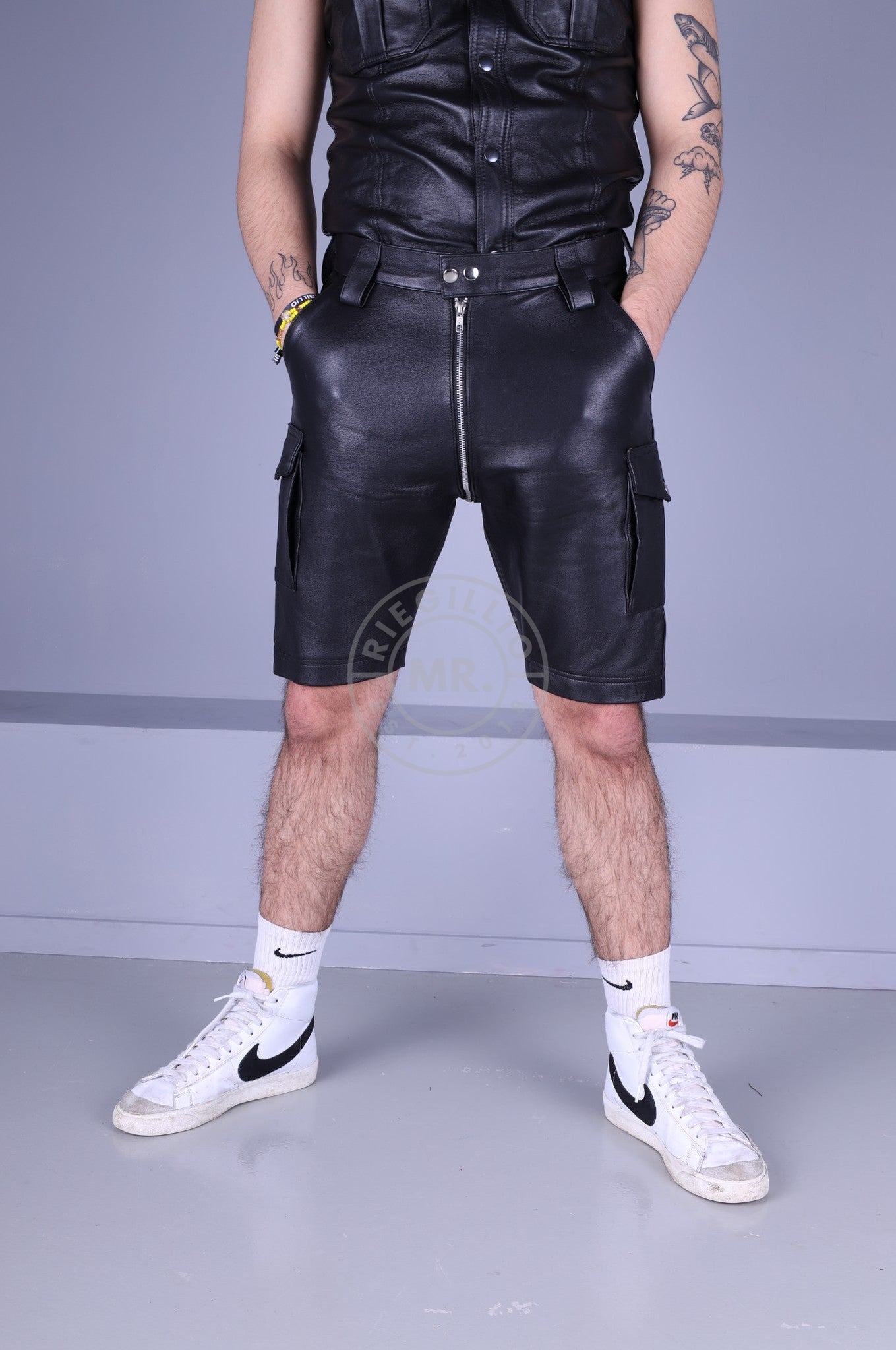 Black Leather Cargo Short - Thru Zip at MR. Riegillio