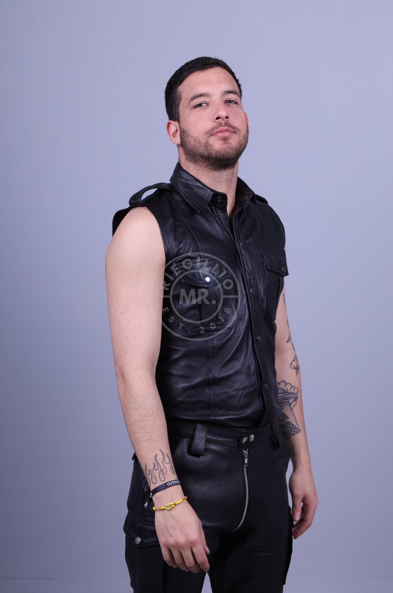 Black Leather Shirt - Sleeveless at MR. Riegillio