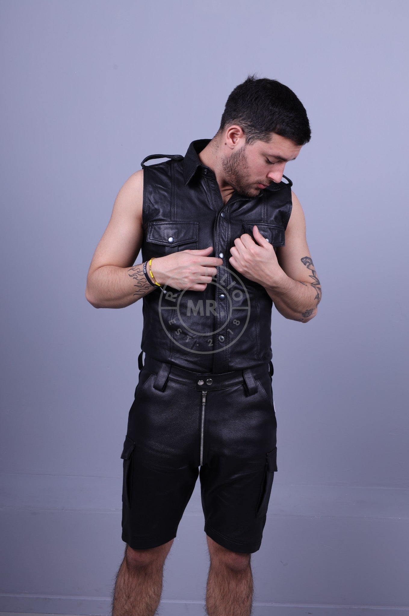 Black Leather Cargo Short - Thru Zip at MR. Riegillio