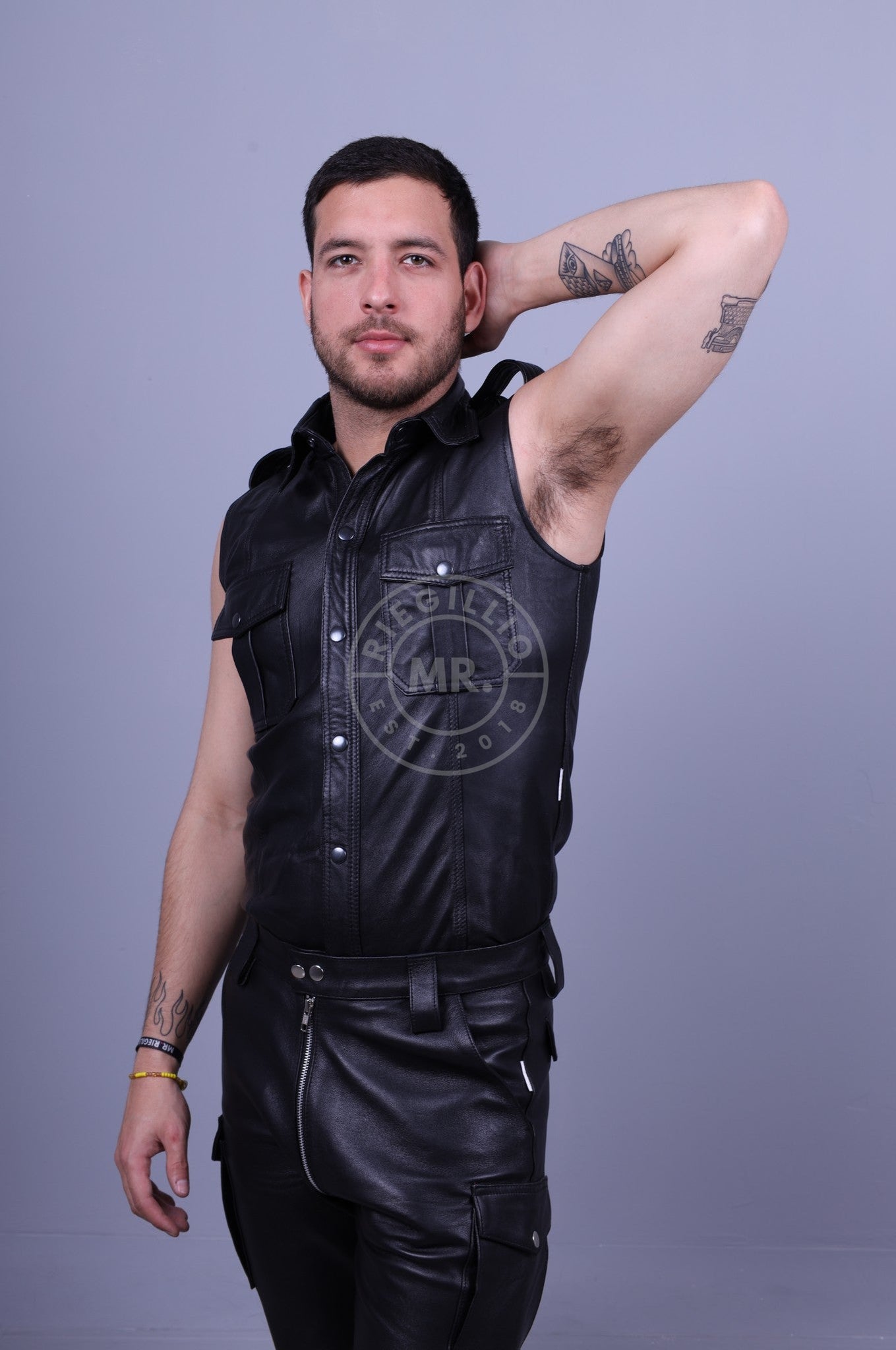 Black Leather Cargo Short - Thru Zip at MR. Riegillio