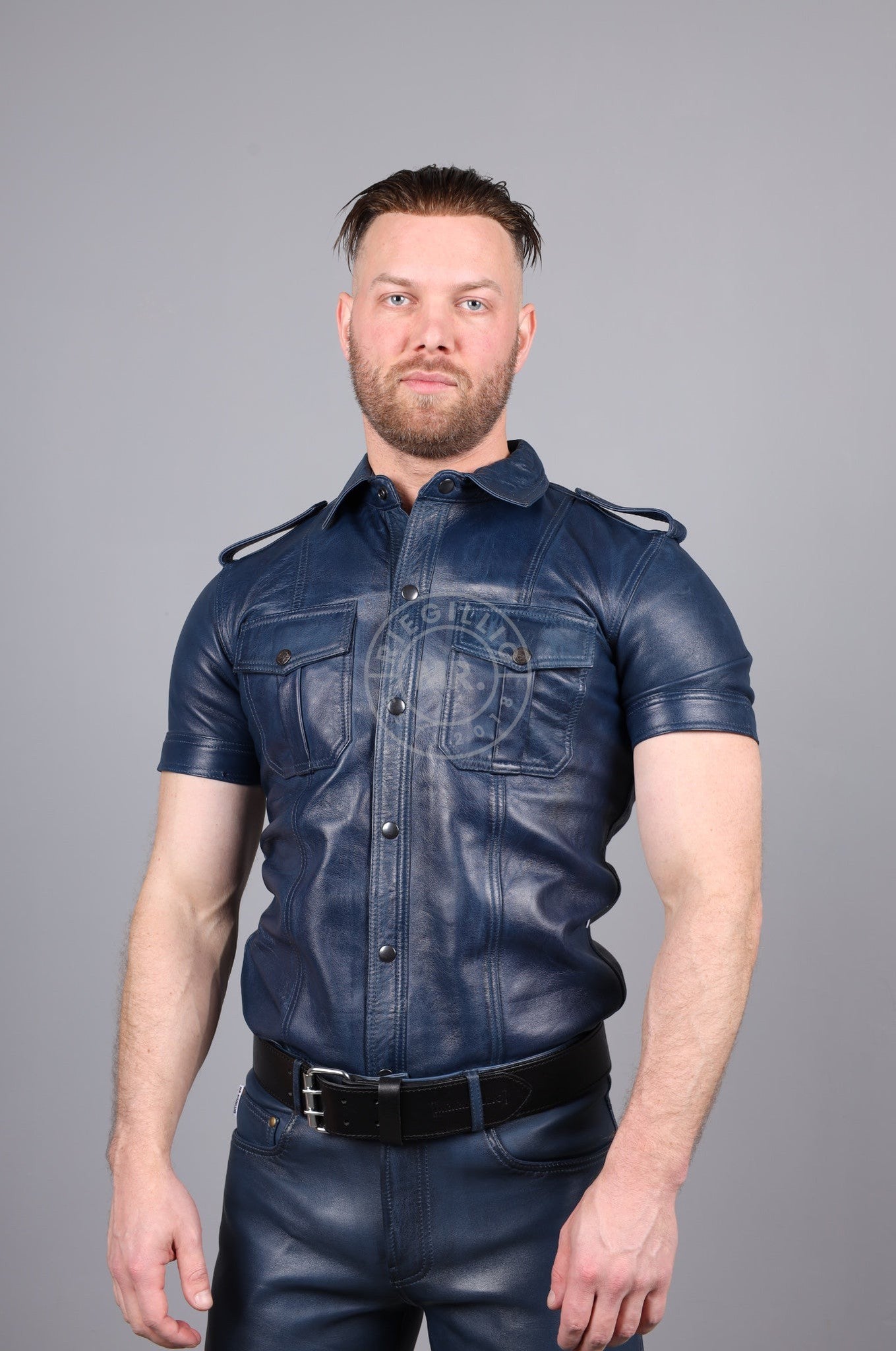 Washed Jeans Blue Leather Shirt at MR. Riegillio