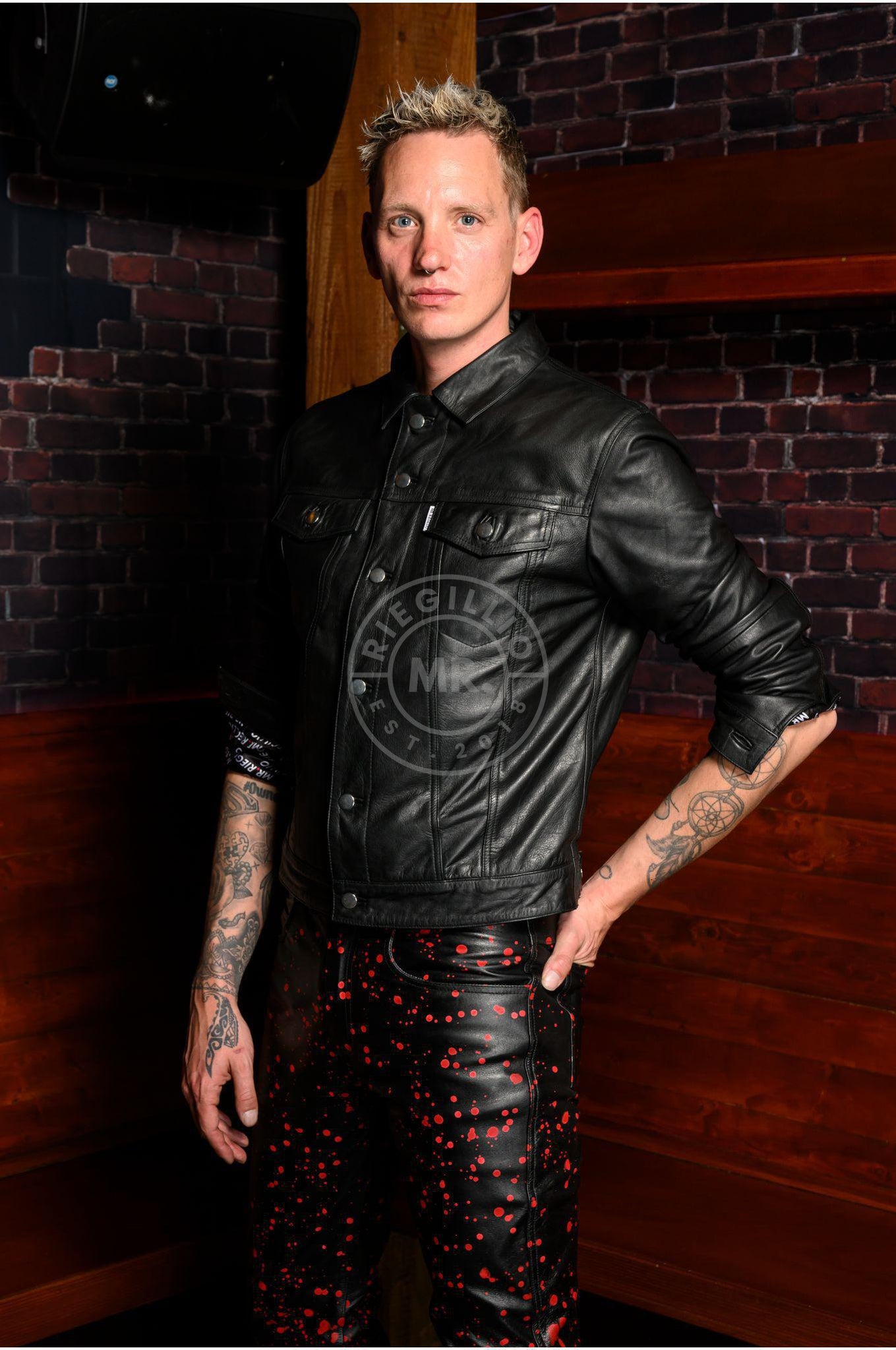 Black Leather Splashed Pants - Red at MR. Riegillio