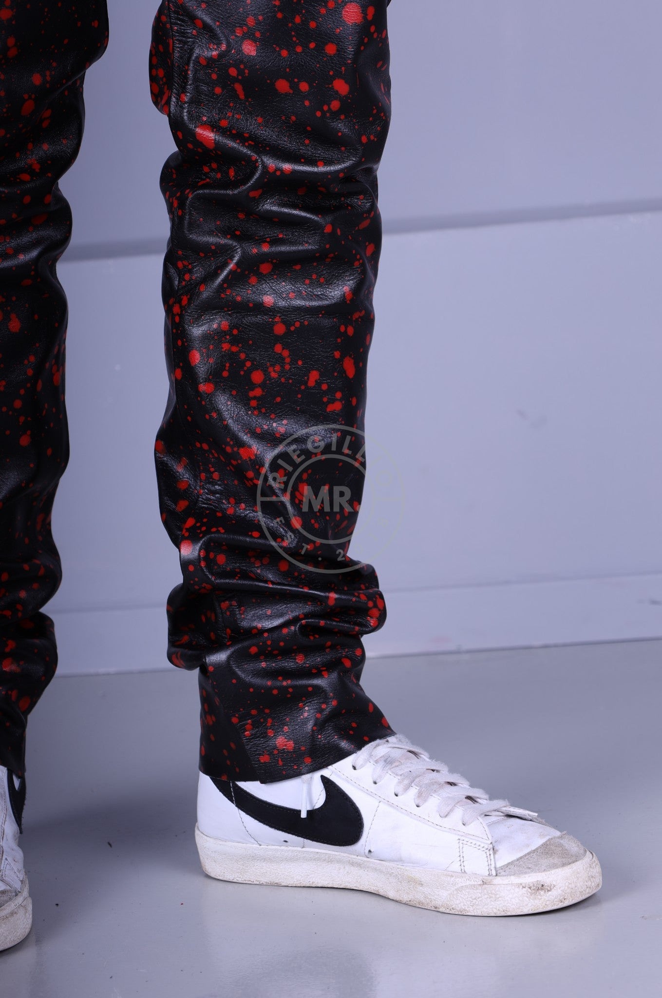 Black Leather Splashed Pants - Red at MR. Riegillio