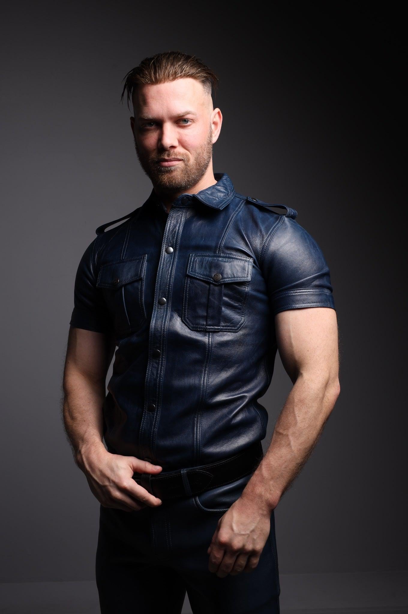 Washed Jeans Blue Leather Shirt at MR. Riegillio