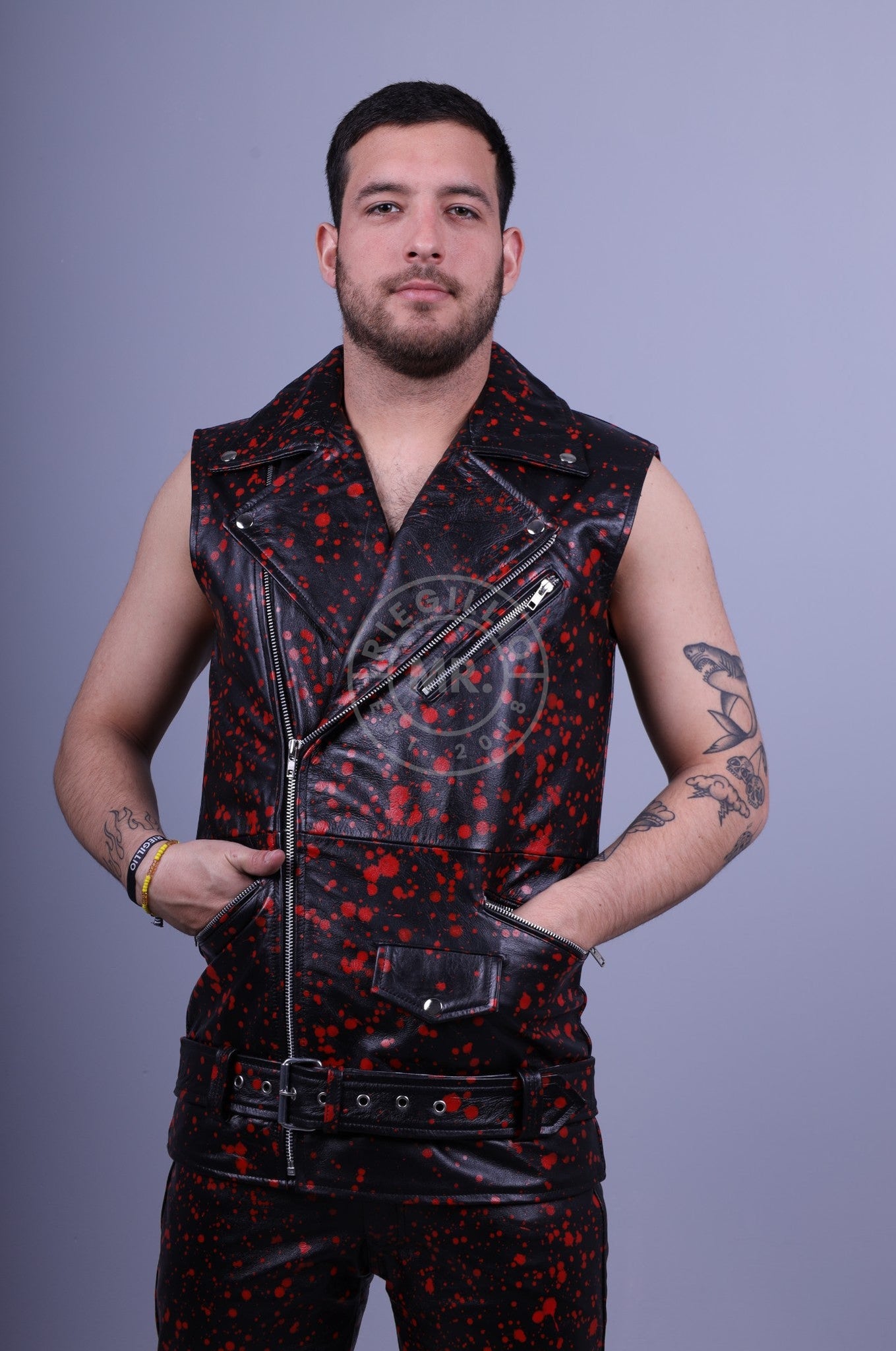 Splashed Leather Sleeveless Jacket - Red at MR. Riegillio