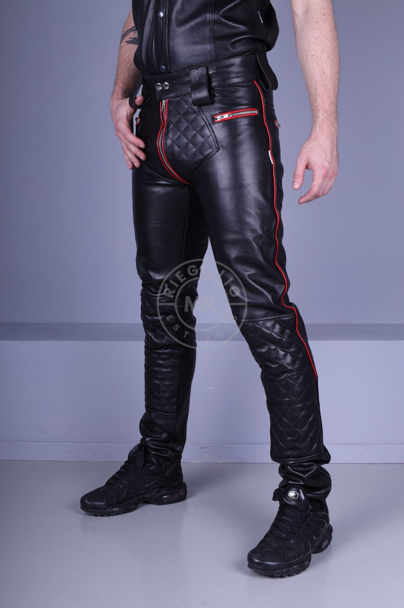 Padded Leather Pants - Red Piping-at MR. Riegillio