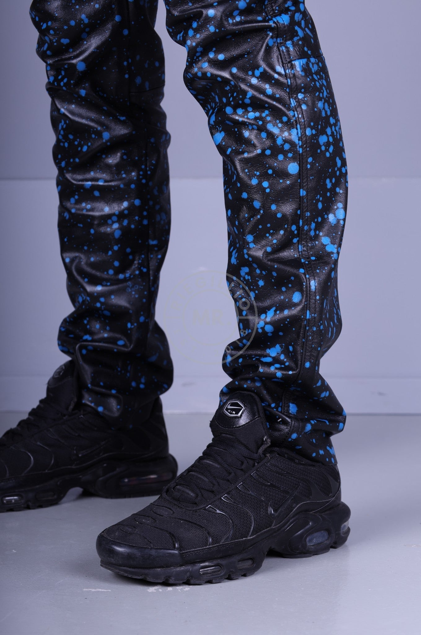 Black Leather Splashed Pants - Blue at MR. Riegillio