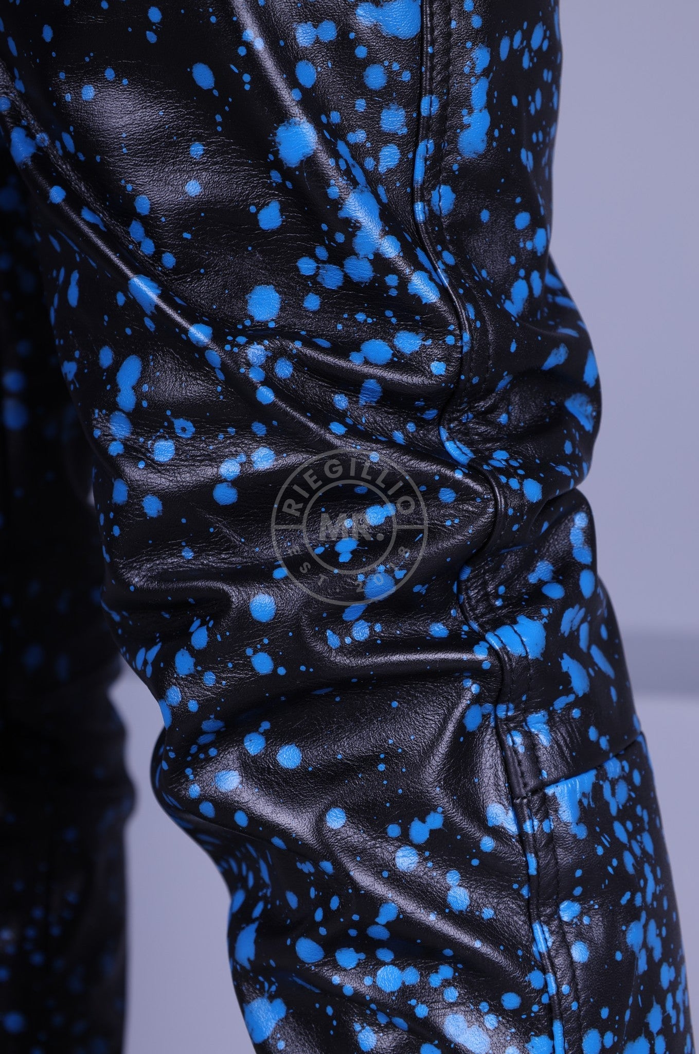 Black Leather Splashed Pants - Blue at MR. Riegillio