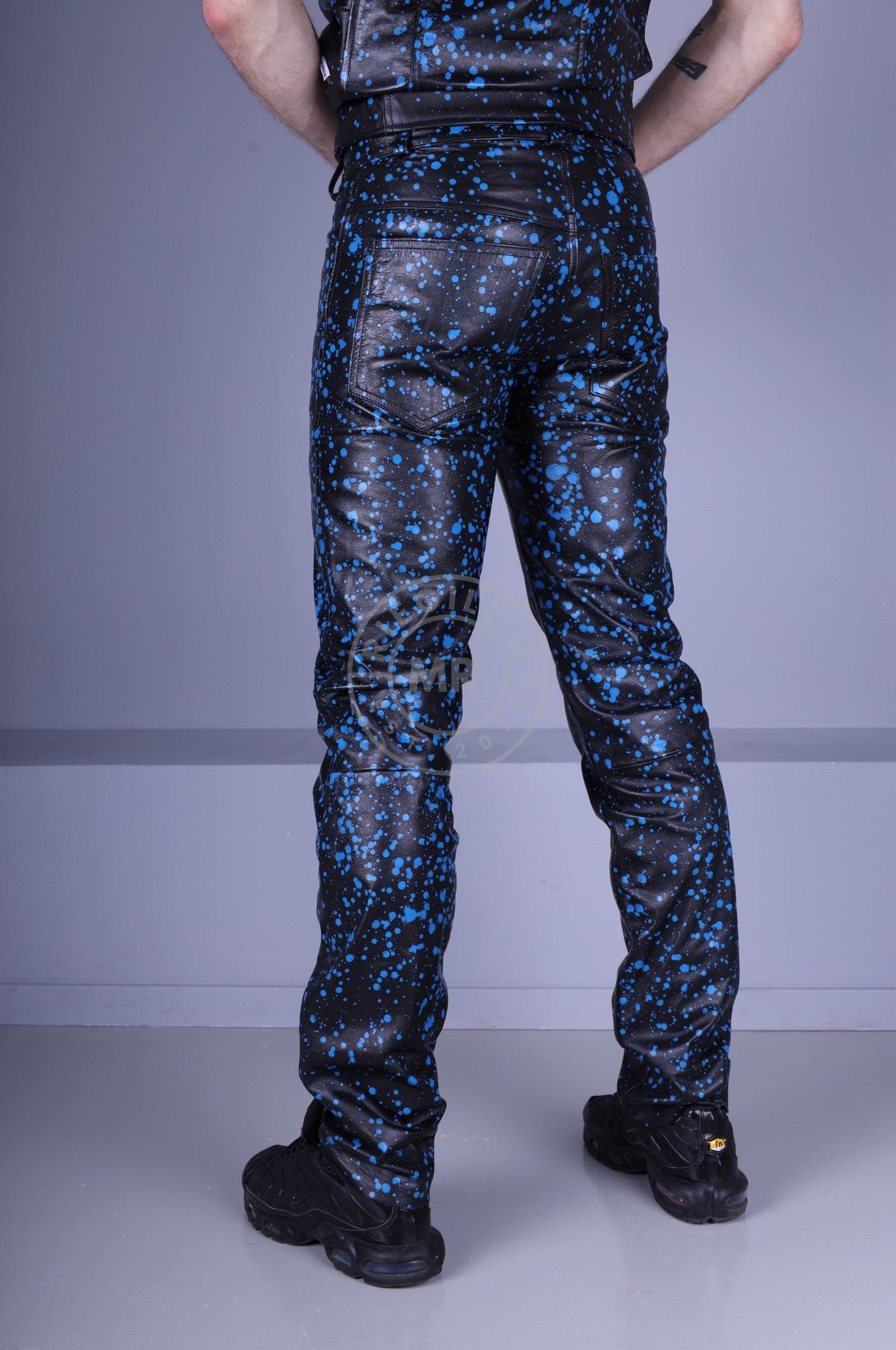 Black Leather Splashed Pants - Blue at MR. Riegillio