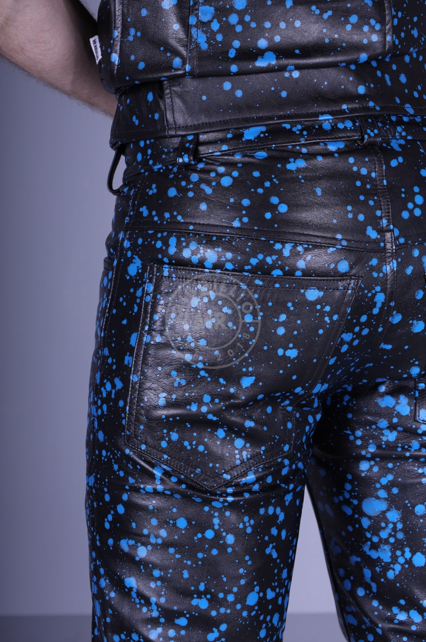 Black Leather Splashed Pants - Blue at MR. Riegillio