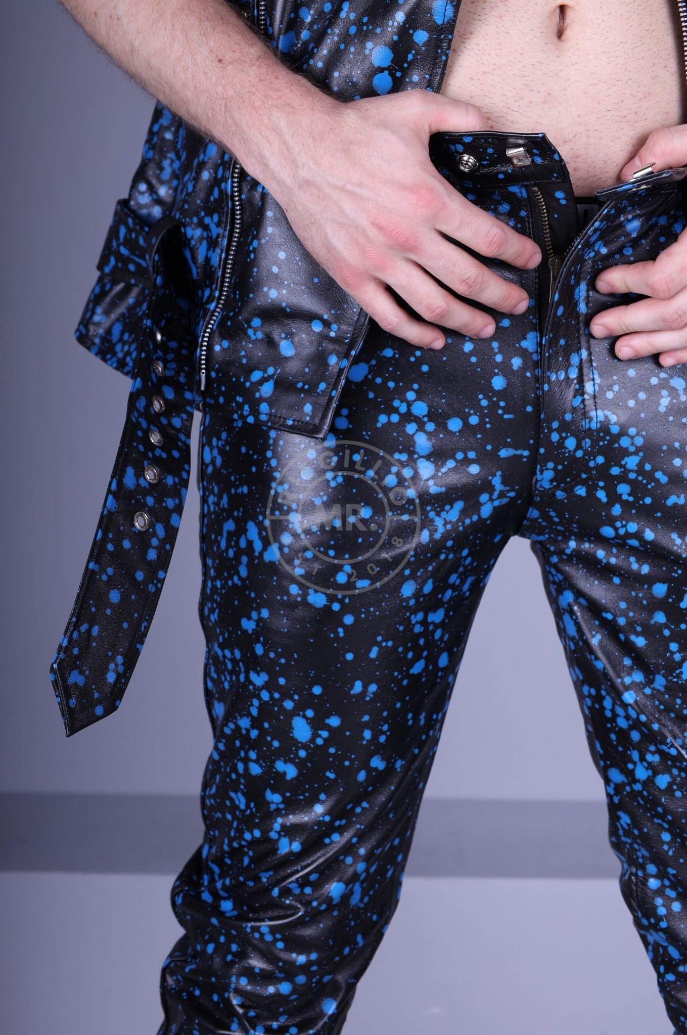 Black Leather Splashed Pants - Blue at MR. Riegillio