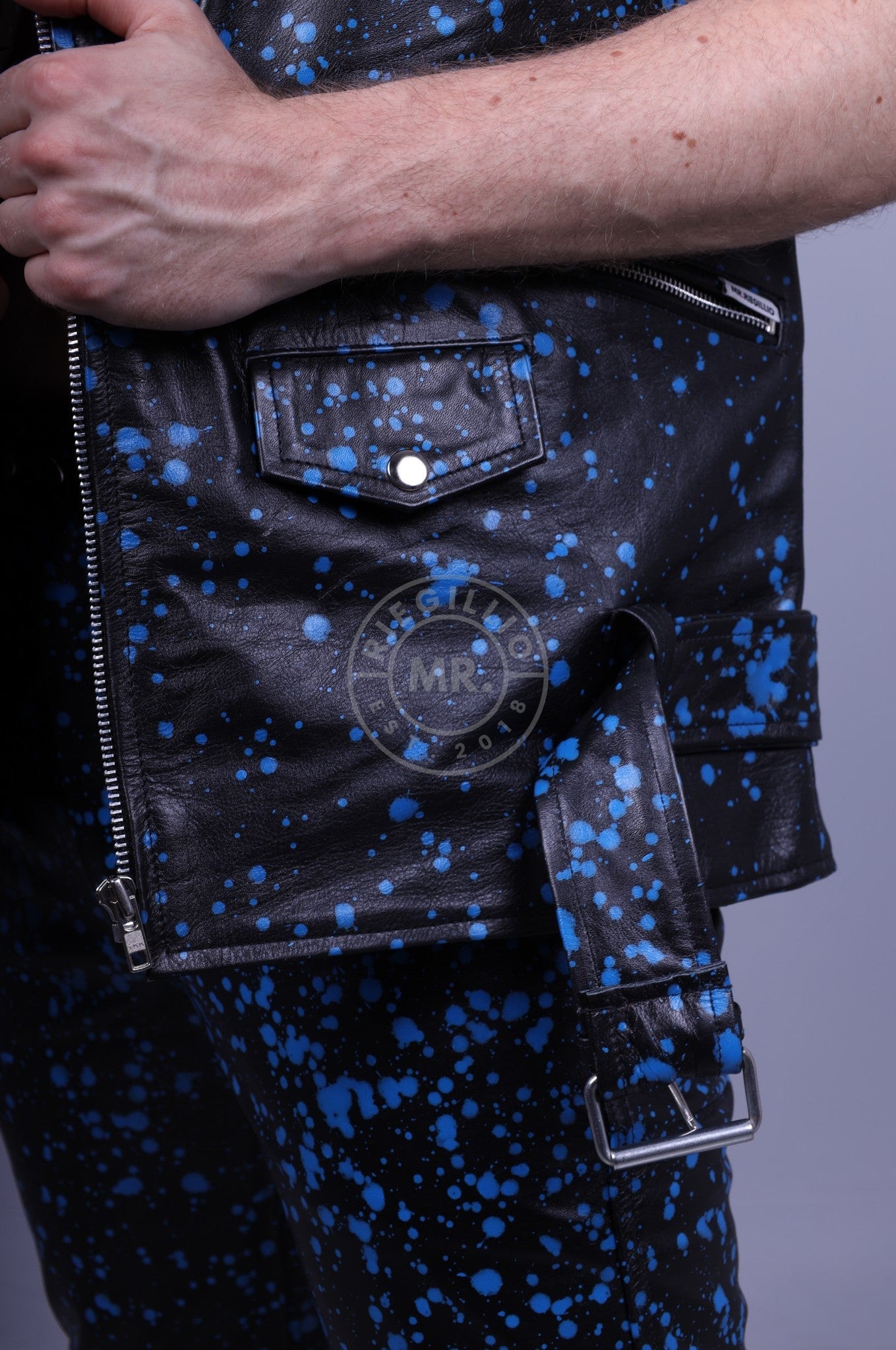 Splashed Leather Sleeveless Jacket - Blue at MR. Riegillio