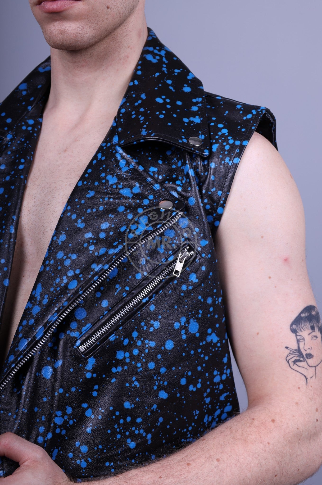 Splashed Leather Sleeveless Jacket - Blue at MR. Riegillio