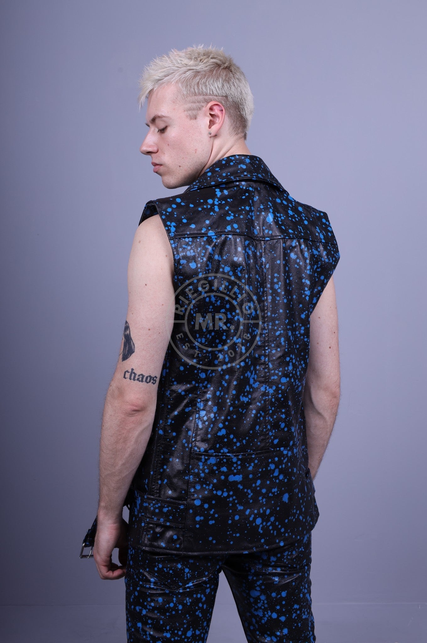 Splashed Leather Sleeveless Jacket - Blue at MR. Riegillio