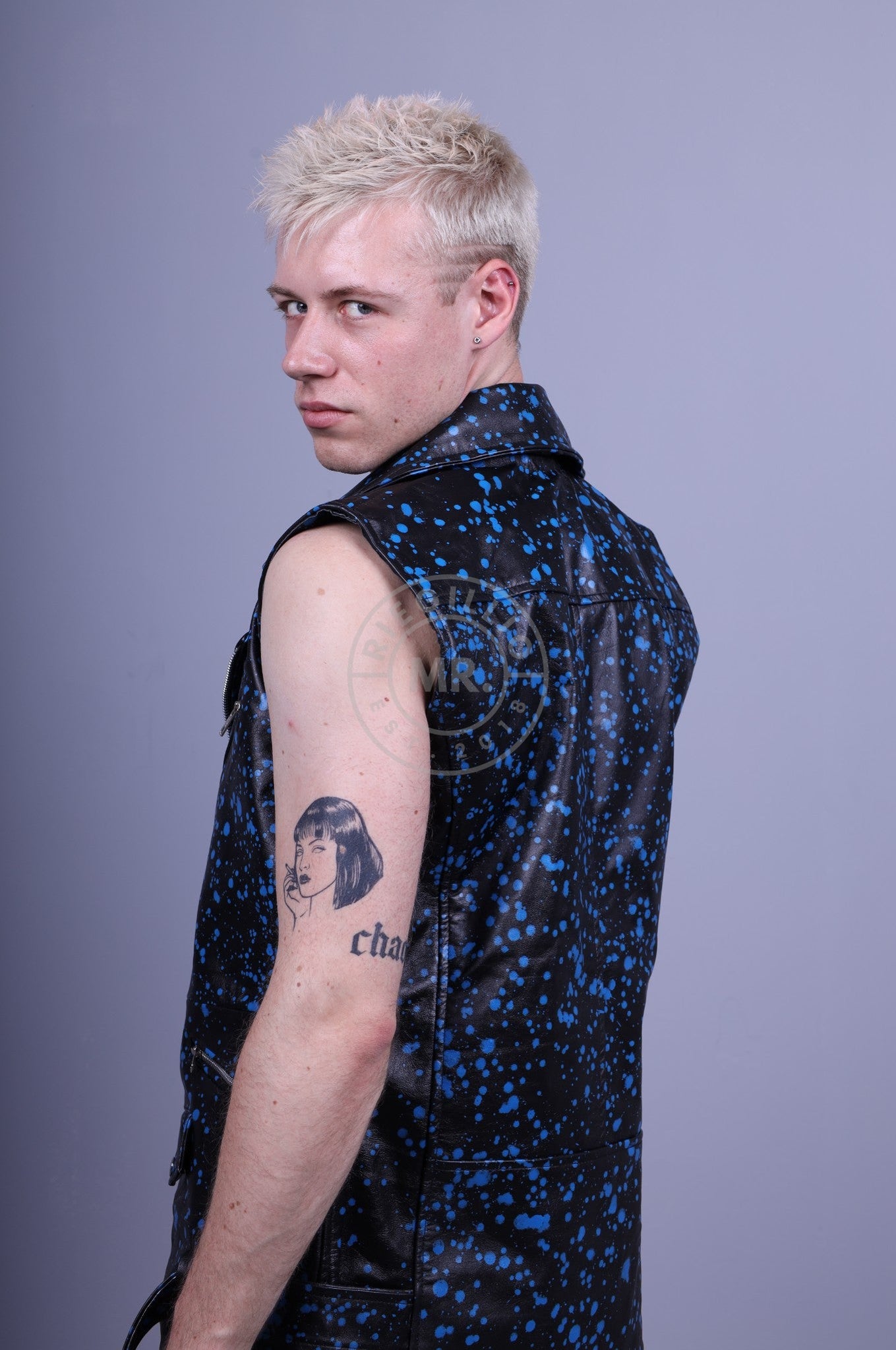 Splashed Leather Sleeveless Jacket - Blue at MR. Riegillio