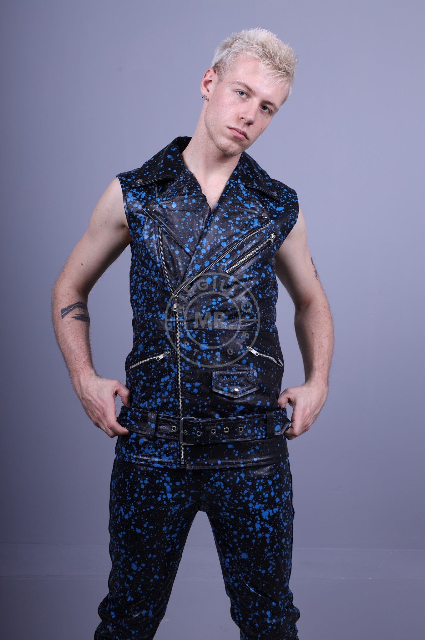 Splashed Leather Sleeveless Jacket - Blue at MR. Riegillio