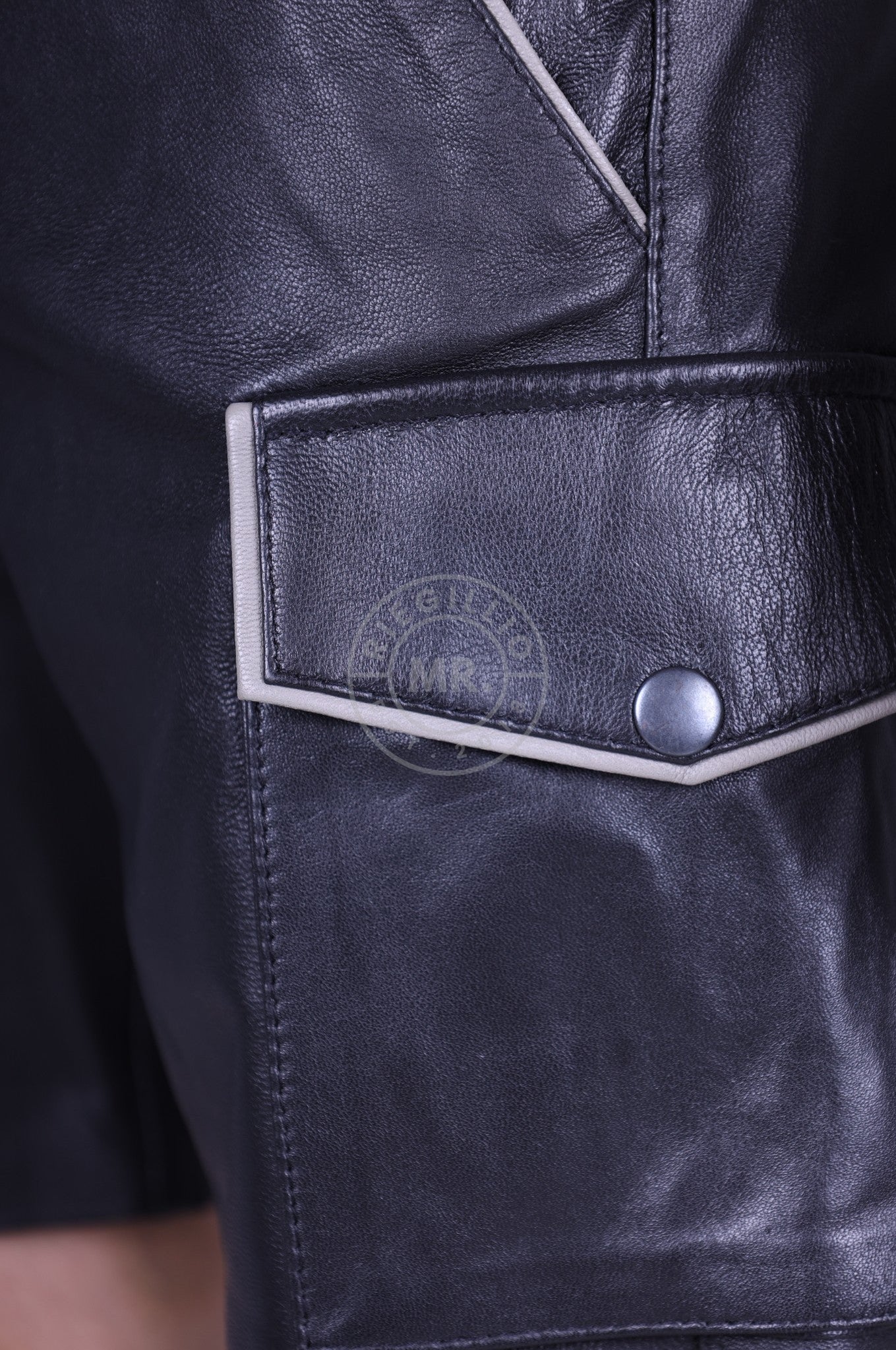 Black Leather Cargo Short - Grey Piping at MR. Riegillio