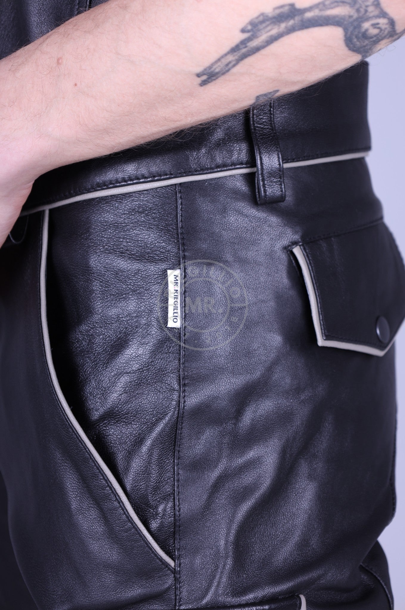 Black Leather Cargo Short - Grey Piping at MR. Riegillio