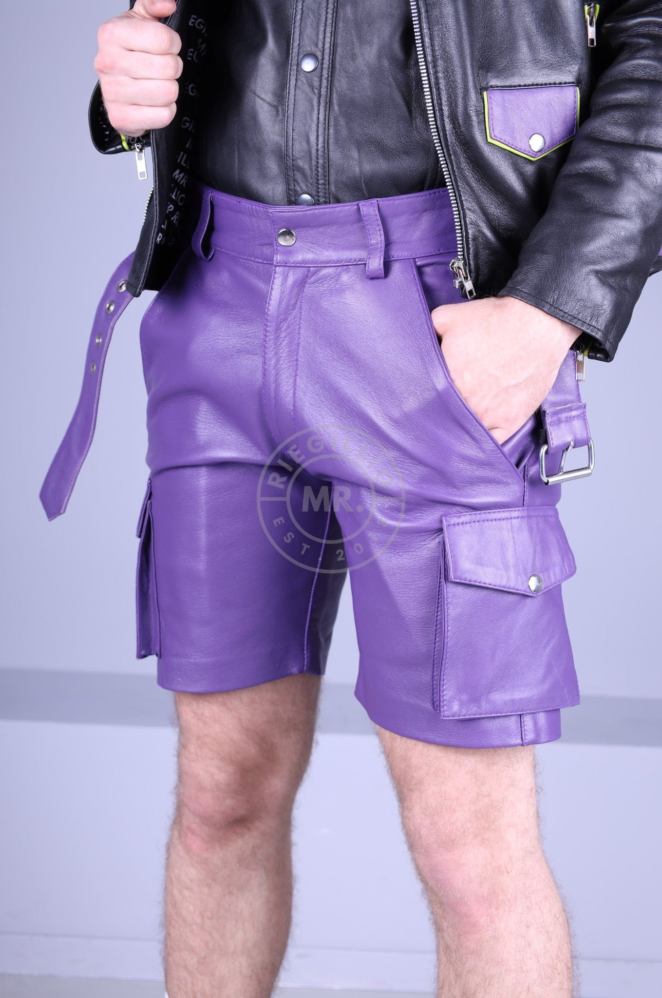 Purple Leather Cargo Short at MR. Riegillio